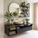 Floating Solid Wood Bathroom Vanity with Drawers & Open Shelves | Wall Mounted Bathroom Vanity with Live Edge Countertop TT006-8CNN1NN