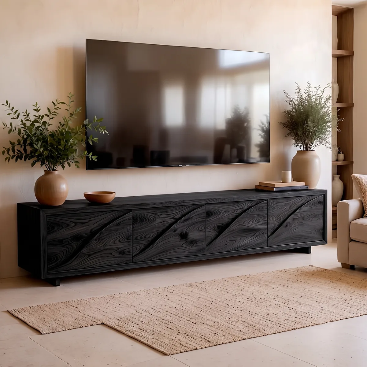 Modern TV Stand with 4 Enclosed Storage Compartments & Sculpted Wave Fronts
