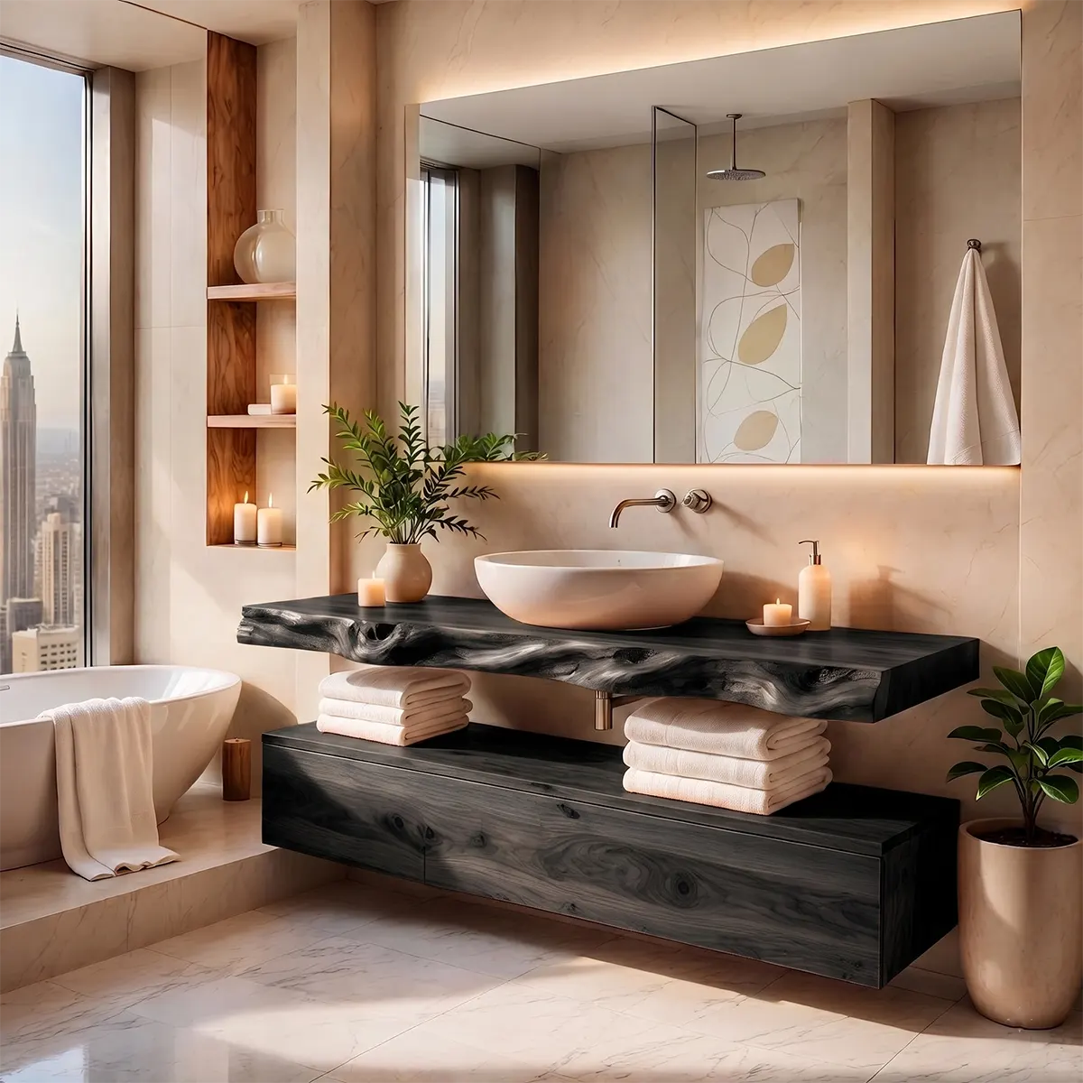 Floating Bathroom Vanity with Large Drawer & Open Shelf | Live Edge Organic Modern Design