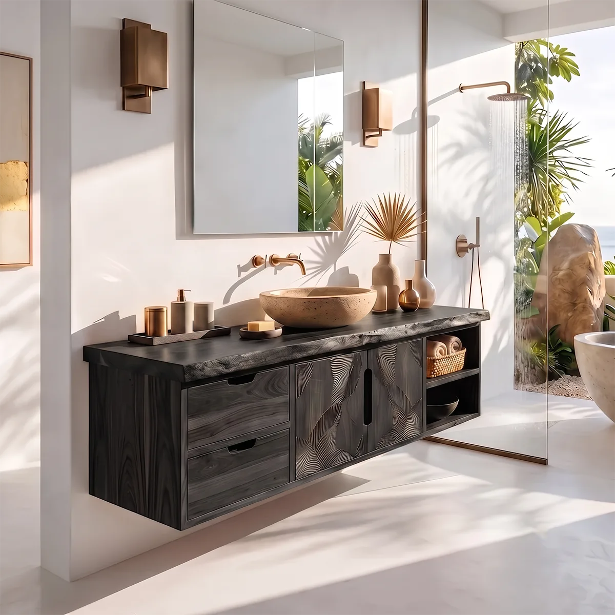 Floating Solid Wood Bathroom Vanity | Modern Bathroom Vanity with Drawers, Cabinet and Open Shelf TT006-6VOS2CB