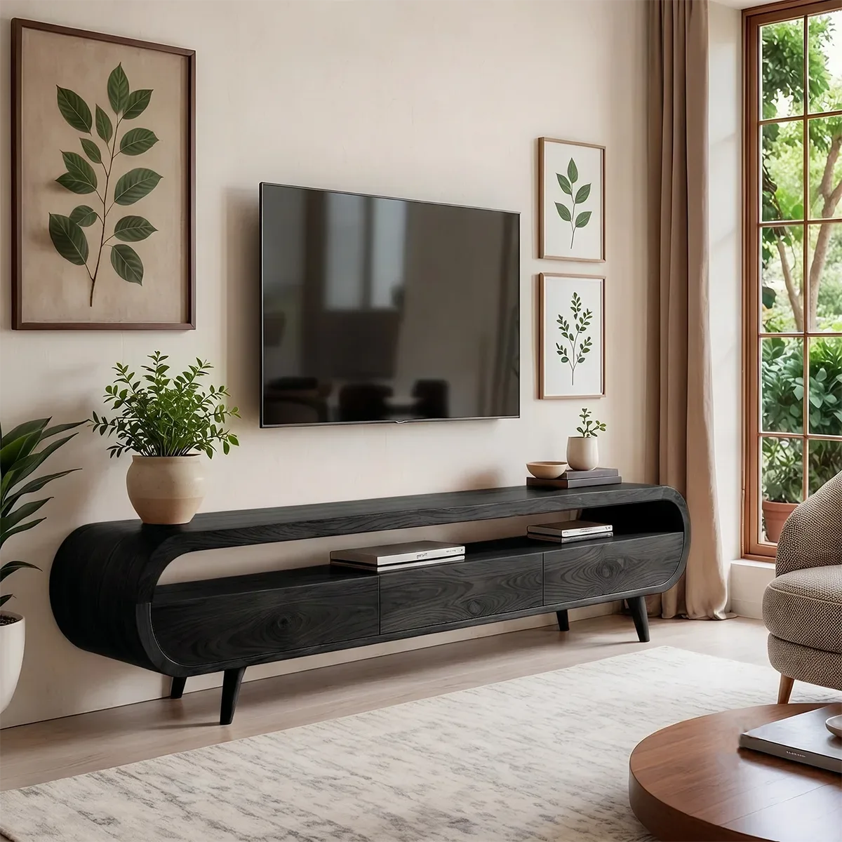 Modern Organic TV Stand with Open Shelf | Three Drawer Media Console TT006-6OAK3NB