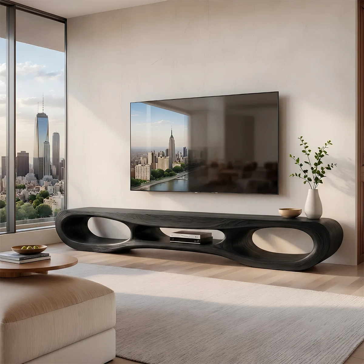 Organic Modern TV Stand with Triple Open Shelving & Sculptural Curved Design TT006-3KAV6WJ