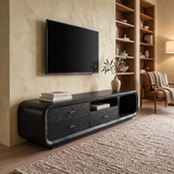 Modern Curved TV Stand with 3 Drawers & Open Media Storage | Sculptural Low Profile Entertainment Console