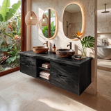 Double Sink Floating Solid Wood Bathroom Vanity | Modern Bathroom Vanity with Four Drawers and Open Shelves TT006-9FKJ3AR