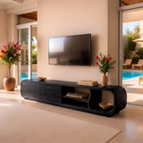 Modern Curved TV Stand with 2 Concealed Storage Compartments & Open Shelving | Sculptural Media Console