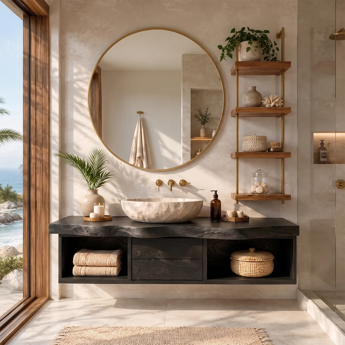 Floating Solid Wood Bathroom Vanity | Modern Wall Mounted Bathroom Vanity with Storage