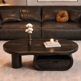 Organic Wood Coffee Table with Drawer and Open Shelf | Sculptural Oval Living Room Center Table