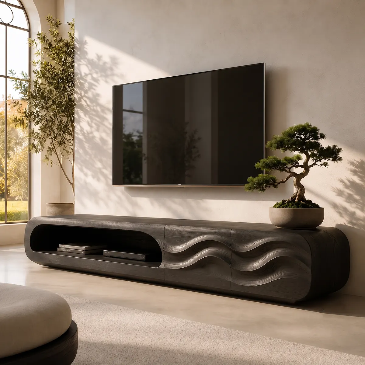 Organic Modern TV Stand with Open Shelf & Two Sculpted Storage Cabinets TT006-8YEU8CV
