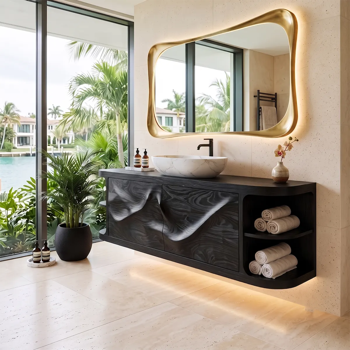 Floating Solid Wood Bathroom Vanity with Double-Door Cabinet & Open Shelves | Wall Mounted Bathroom Vanity with Fixed Storage TT006-9IGM7UG