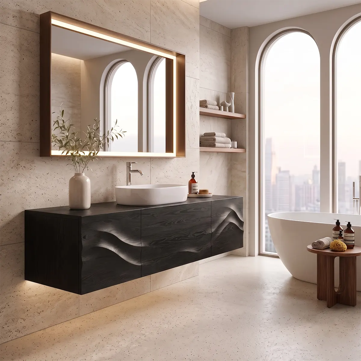 Floating Bathroom Vanity with 3 Doors | Sculpted Wave Front & Handleless Design