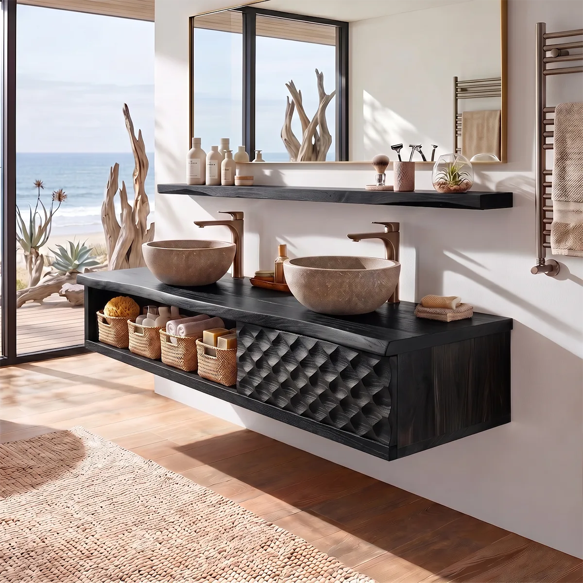 Floating Double Sink Solid Wood Bathroom Vanity | Modern Wood Vanity with Open Shelf & Carved Hinged Cabinet TT006-1ERI1VM