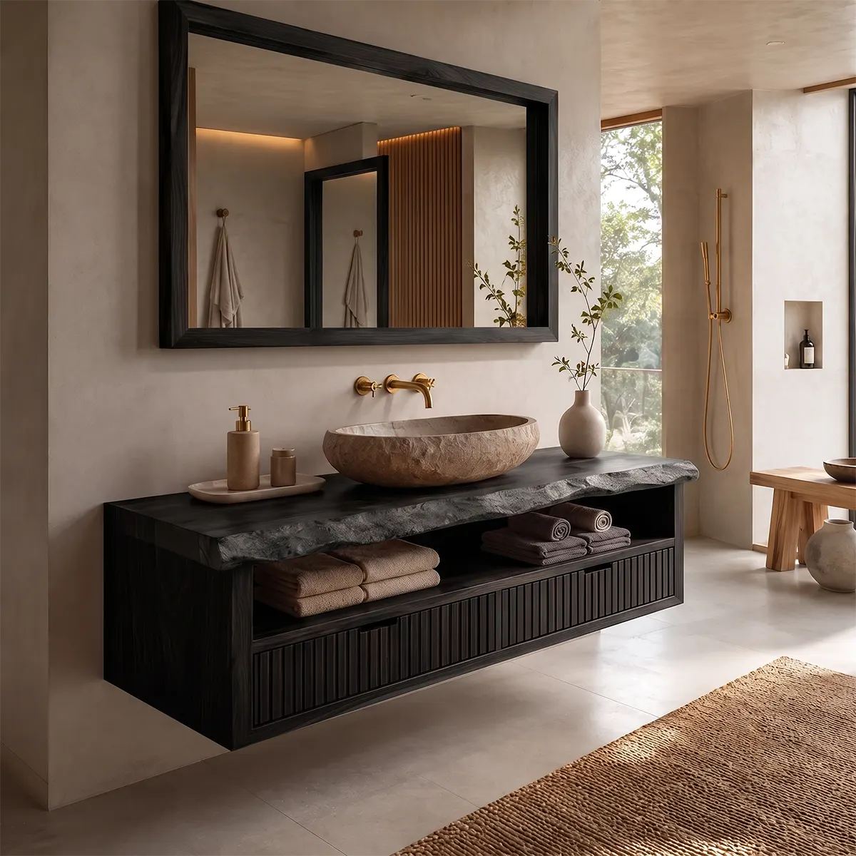 Floating Solid Wood Bathroom Vanity | Live Edge Bathroom Vanity with Fluted Drawers and Open Shelf TT006-8ZMT8QZ