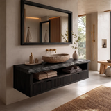 Floating Solid Wood Bathroom Vanity | Live Edge Bathroom Vanity with Fluted Drawers and Open Shelf TT006-8ZMT8QZ