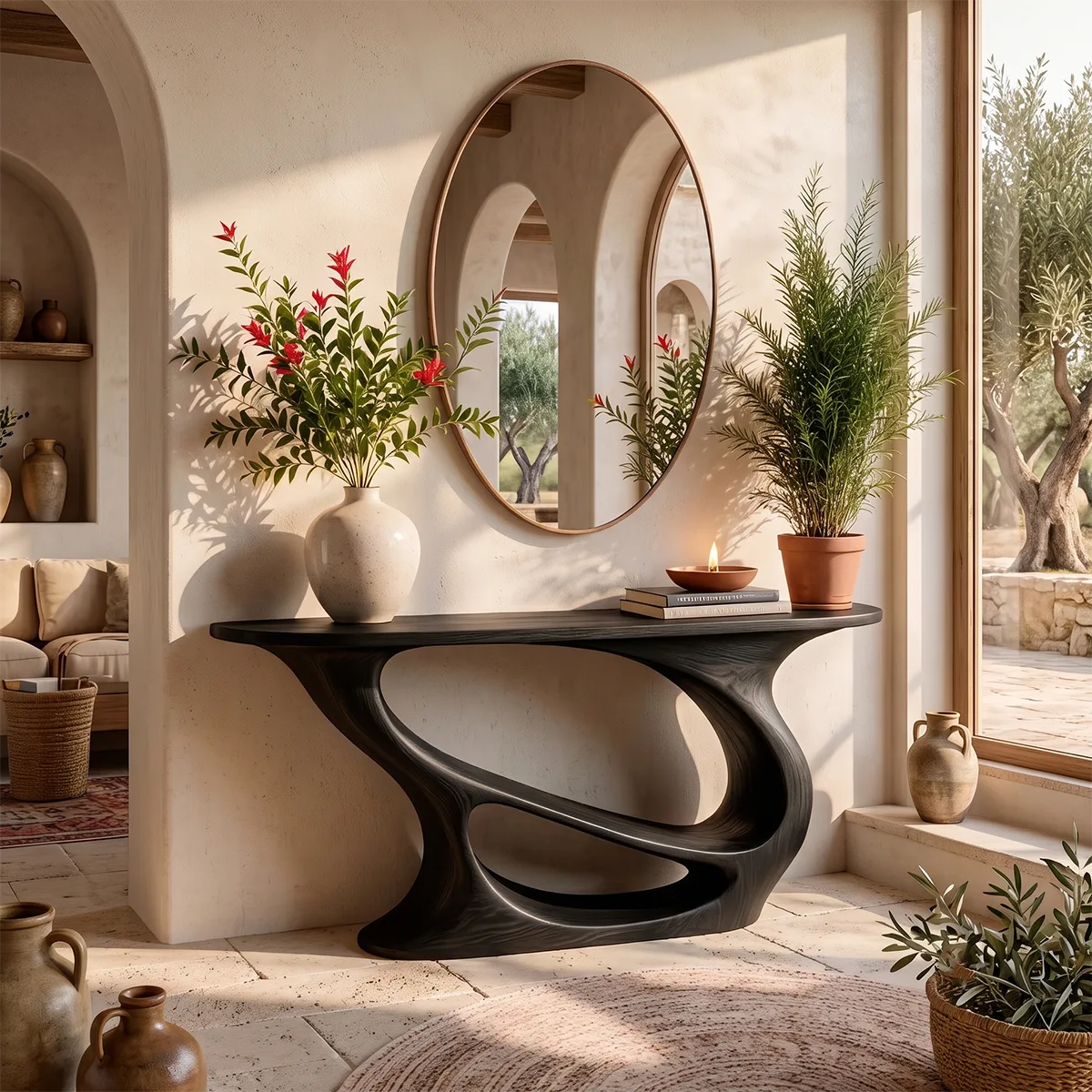 Organic Modern Console Table with Sculptural Double-Loop Base for Entryway TT006-6035