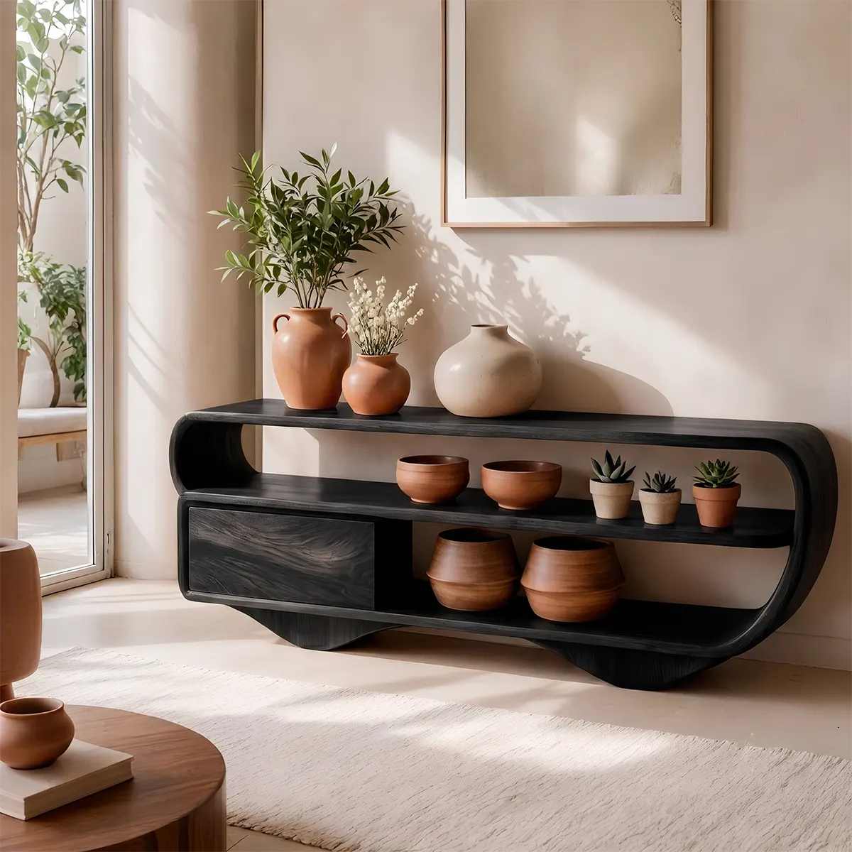 Modern Organic Console Table with Storage Drawer & Open Shelves for Entryway TT006-6372
