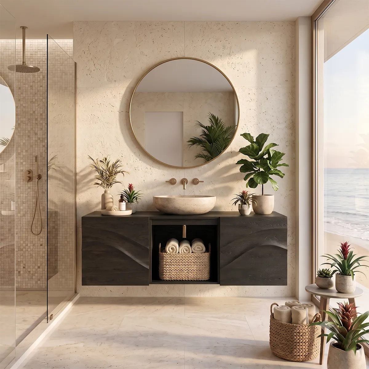 Floating Bathroom Vanity with 2 Sculpted Wave Doors & Center Open Storage Compartment
