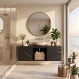 Floating Bathroom Vanity with 2 Sculpted Wave Doors & Center Open Storage Compartment