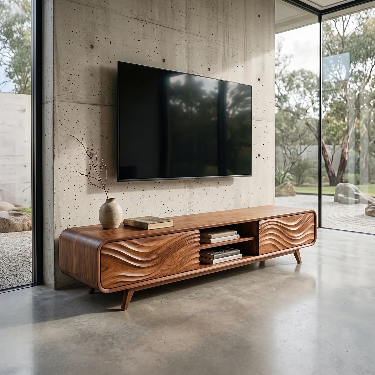 Wave Carved TV Stand with Cabinets & Open Shelves | Modern Media Console TH003-5DZA7TF