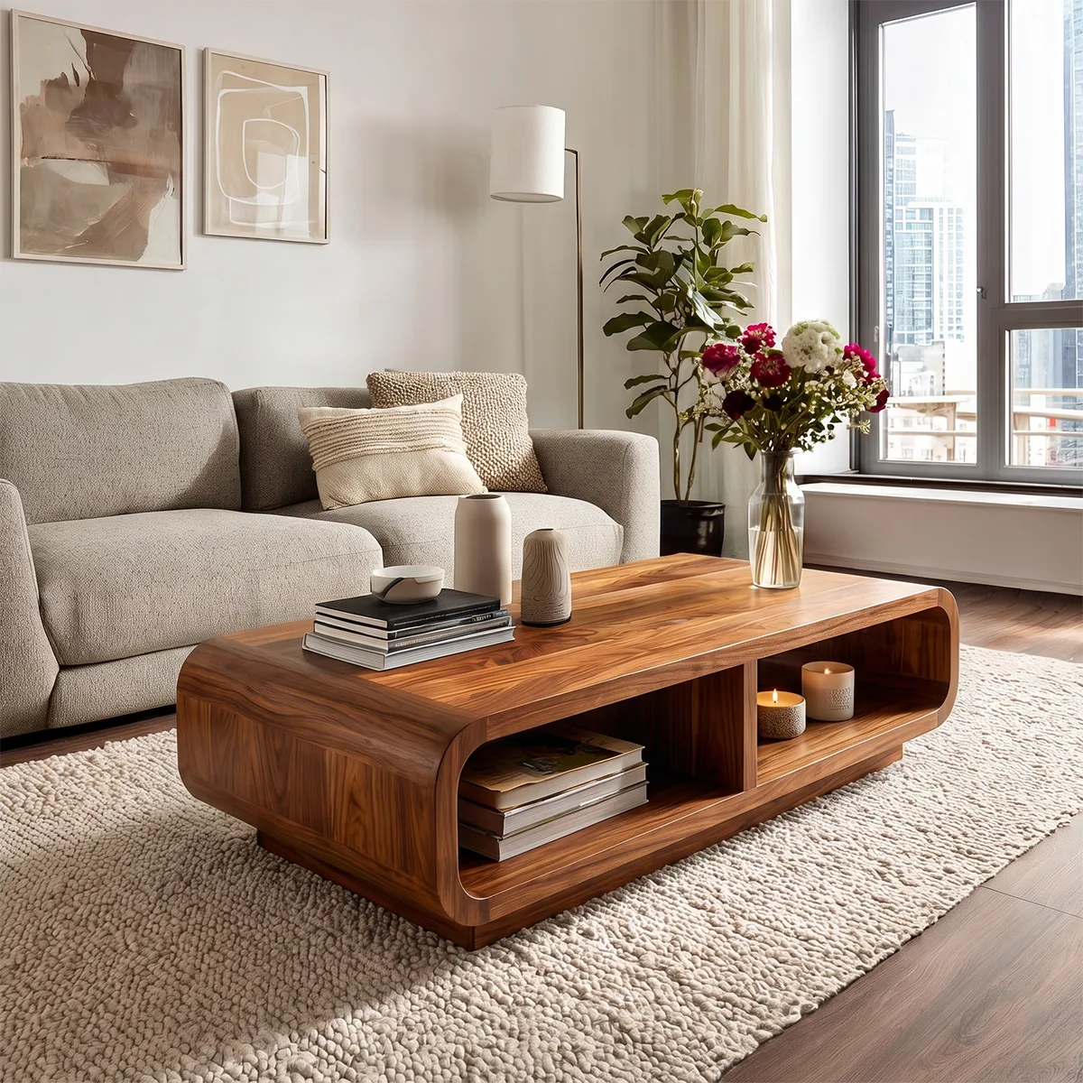 Modern Rectangular Coffee Table with Open Shelf | Rounded Edge Living Room Center Table