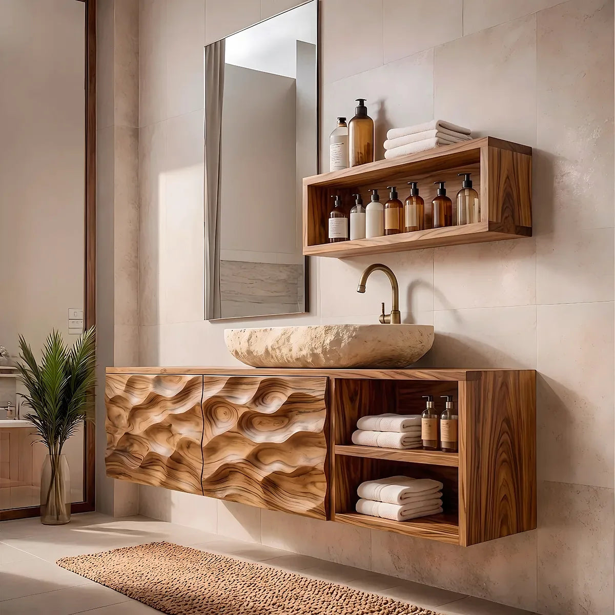 Floating Bathroom Vanity with Sculptural Cabinets & Open Side Shelves | Modern Vanity Cabinet TH003-4JYP9HL