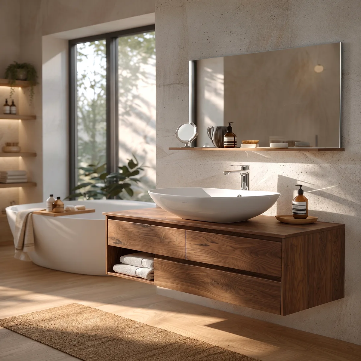 Modern Floating Bathroom Vanity with 3 Drawers & Open Storage Shelf