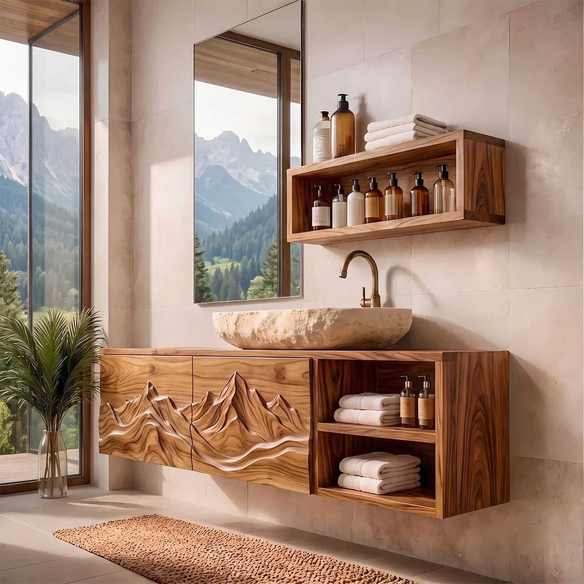 Floating Bathroom Vanity with Mountain Carved Doors & Open Side Shelves TH003-3HMW2TU