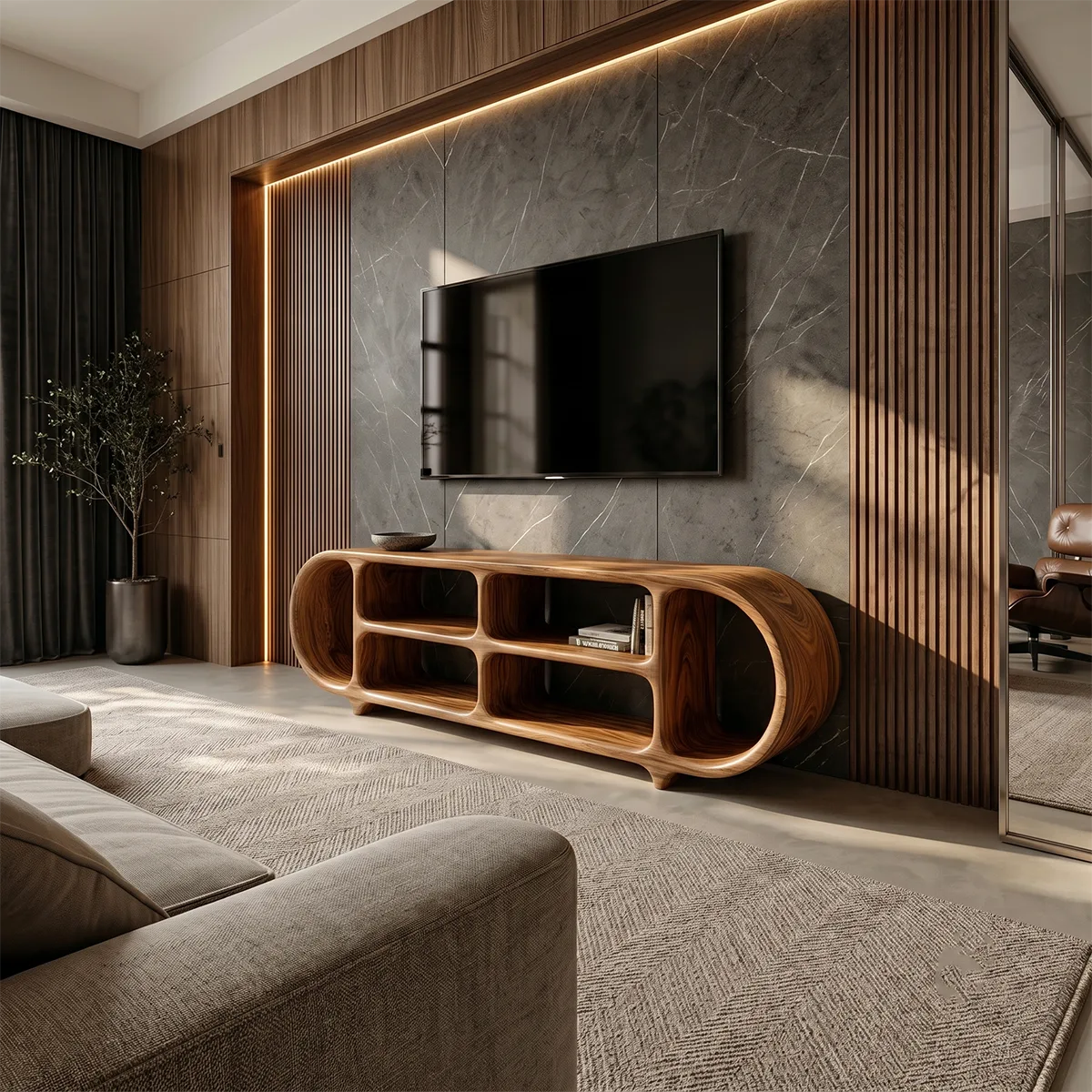 Sculptural TV Stand with Open Shelves | Organic Modern Media Console TH003-2CWG4EI