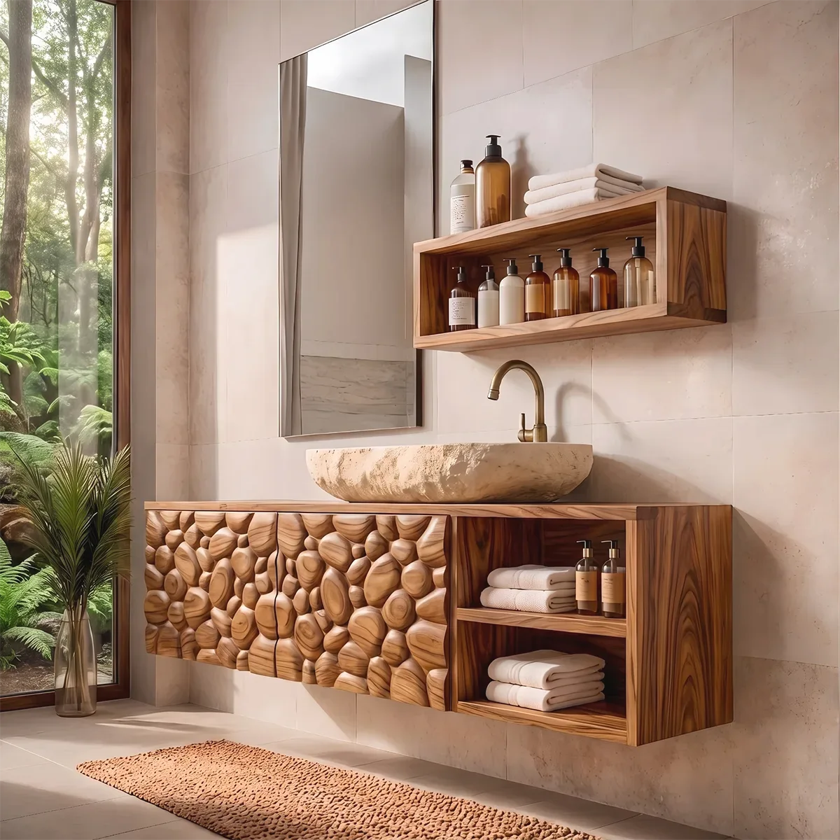 Floating Bathroom Vanity with Pebble Carved Doors & Open Side Shelves TH003-6VHK3DD
