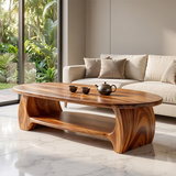 Modern Oval Coffee Table with Open Shelf | Sculptural Wood Center Table for Contemporary Living Room TH003-2398