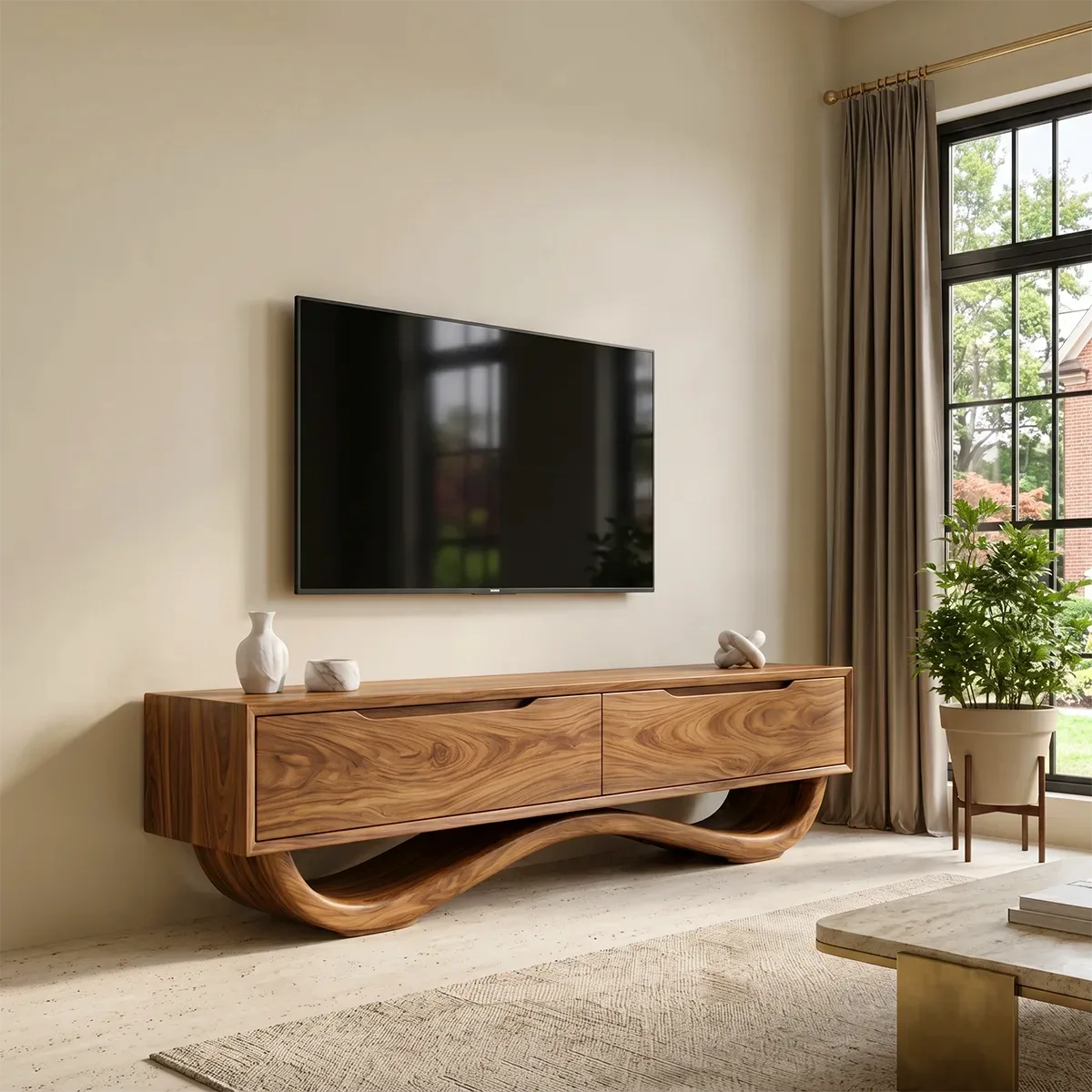 Sculptural TV Stand with 2 Drawers | Organic Modern Media Console TH003-3LLI8QY