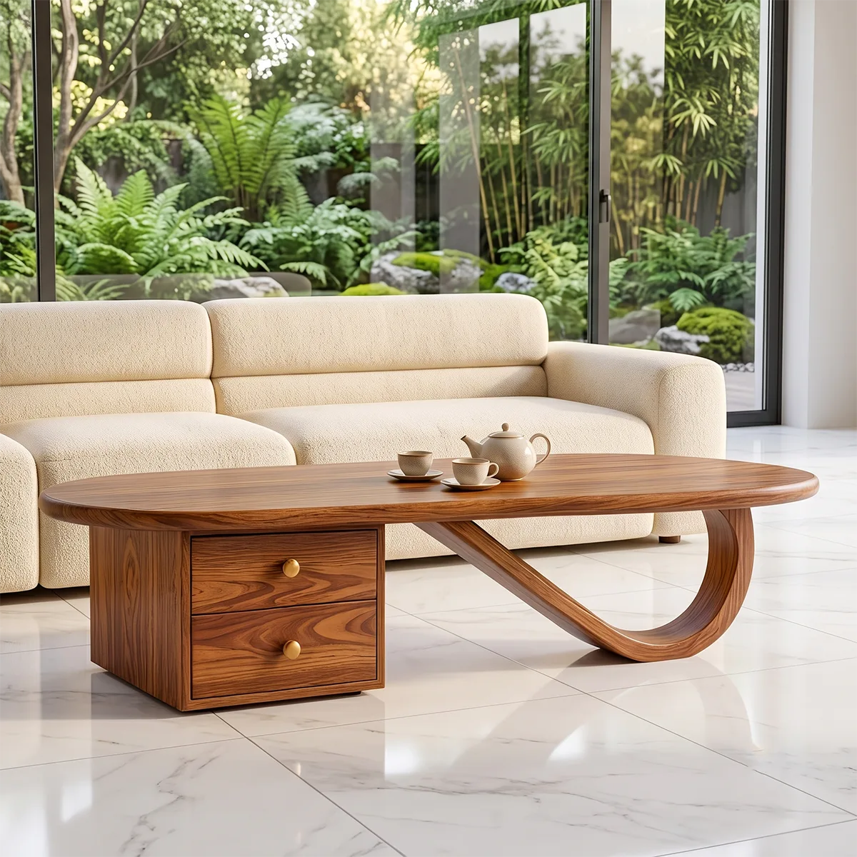Modern Oval Coffee Table with Storage Drawers | Sculptural Contemporary Center Table for Living Room TH003-5102