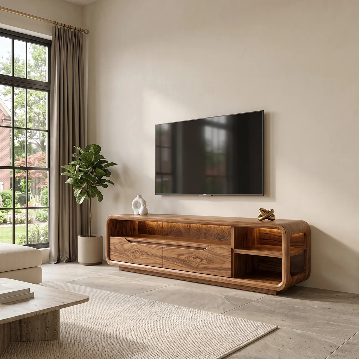 Curved TV Stand with 2 Drawers & Open Shelves | Modern Media Console TH003-5KNE4OQ