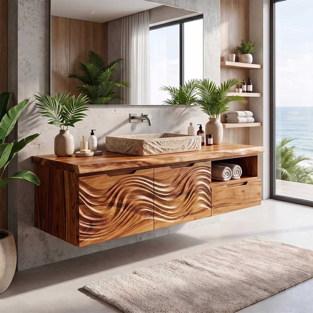 Modern Floating Bathroom Vanity with Wave Carved Cabinet, Open Shelf & Storage Drawer TH003-1MBE1JF