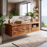 Modern Floating Bathroom Vanity with Wave Carved Cabinet, Open Shelf & Storage Drawer TH003-1MBE1JF