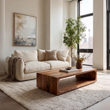 Modern Rectangular Coffee Table with Open Shelf | Rounded Sculptural Design