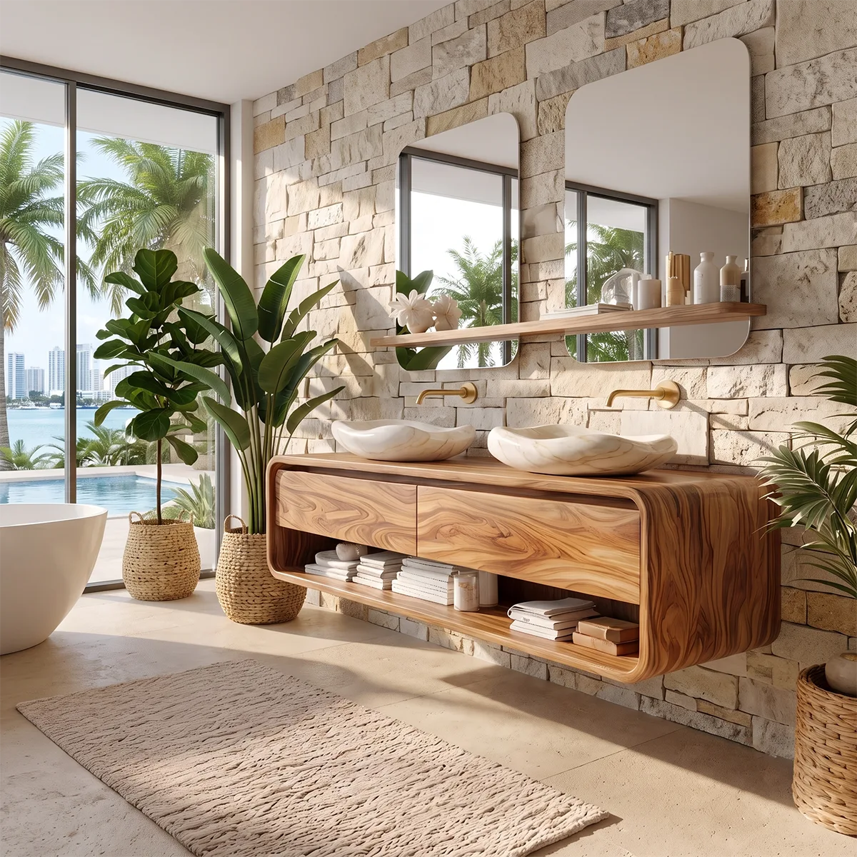 Modern Double Sink Floating Bathroom Vanity with Two Drawers & Open Shelf TH003-9TFD3FP