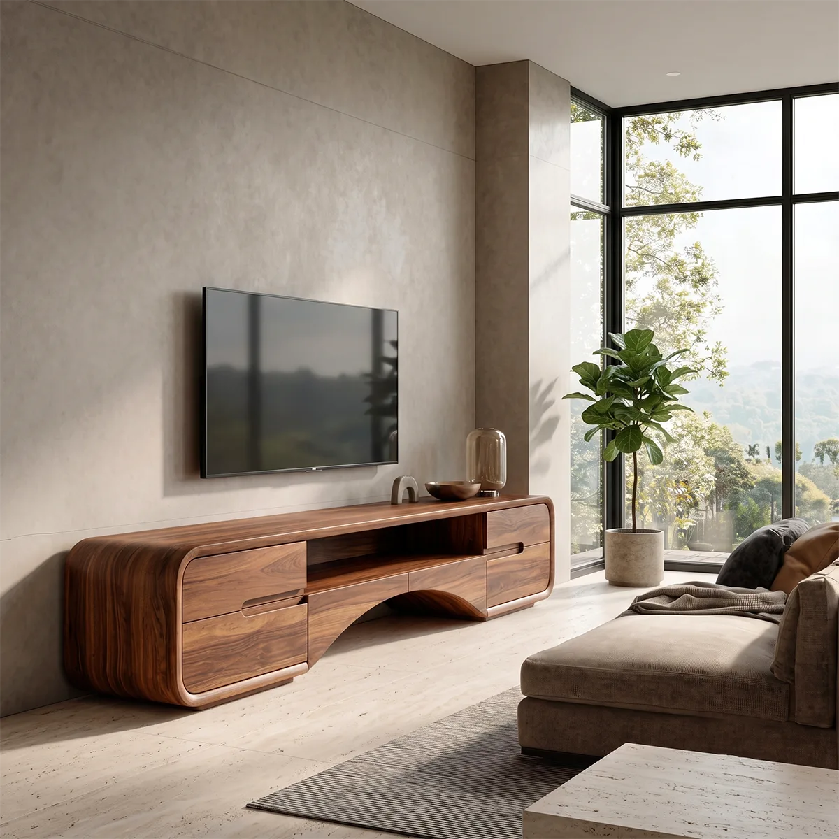 Modern TV Stand with 4 Cabinets & Open Shelves | Organic Media Console TH003-2UWX3PR