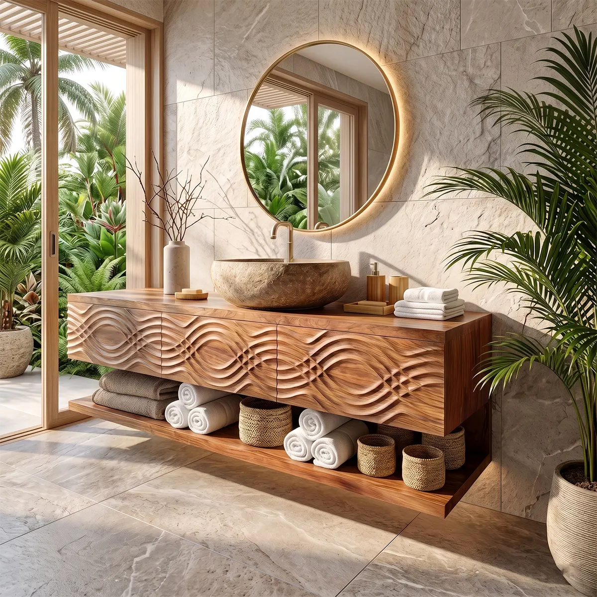Floating Bathroom Vanity with 3 Drawers & Open Shelf | Carved Wave Front Modern Design