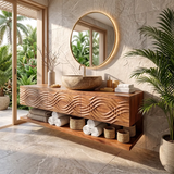 Floating Bathroom Vanity with 3 Drawers & Open Shelf | Carved Wave Front Modern Design