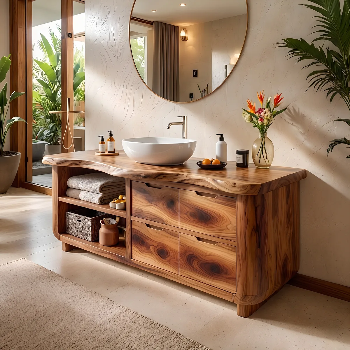 Organic Live Edge Bathroom Vanity with Open Shelving & Storage Drawers TH003-2XFK6JI