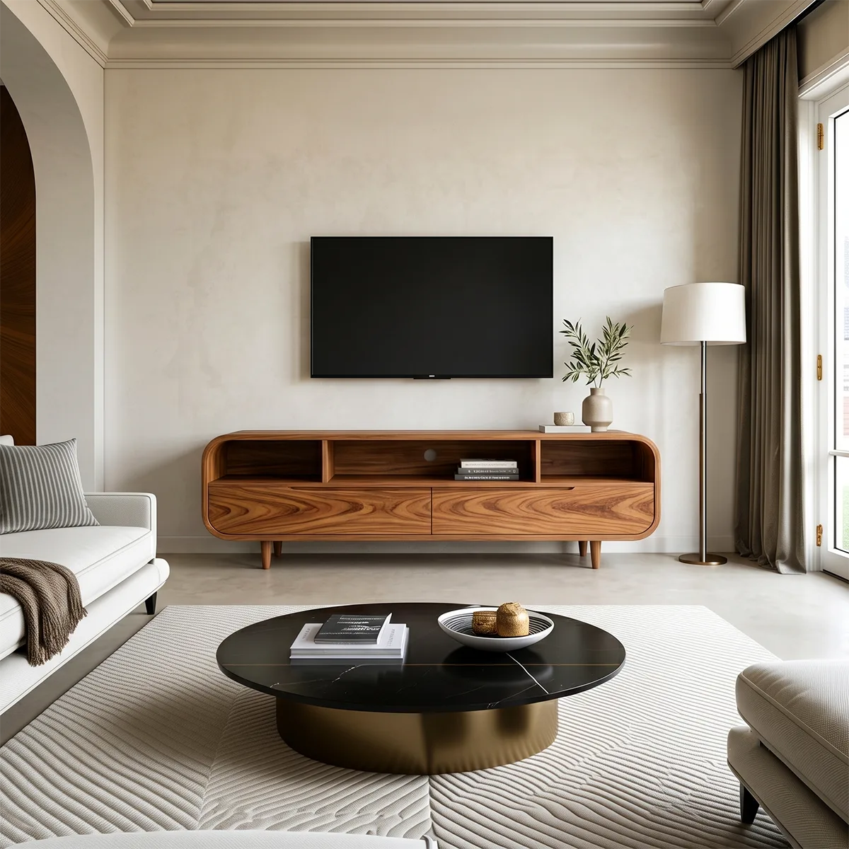 Modern TV Stand with 2 Drawers & Open Storage | Rounded Media Console TH003-5IKK5IP