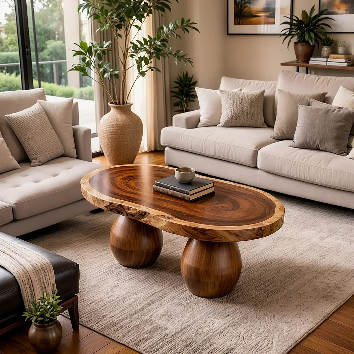 Live Edge Oval Solid Wood Coffee Table with Double Pedestal Base | Handcrafted Statement Table TT006-4285