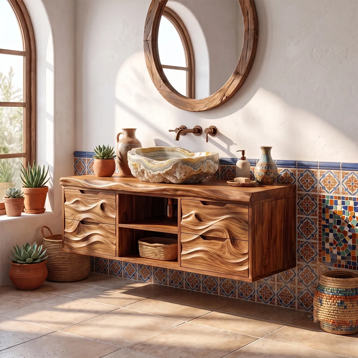 Organic Floating Bathroom Vanity with Cabinets, Open Shelves & Sculpted Wave Front TH003-7IJS3HC