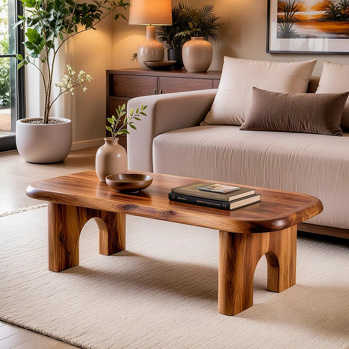 Rounded Rectangle Solid Wood Coffee Table | Modern Minimalist Center Table for Living Room TT006-3891