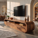 Rounded TV Stand with 4 Drawers & Open Shelves | Modern Media Console