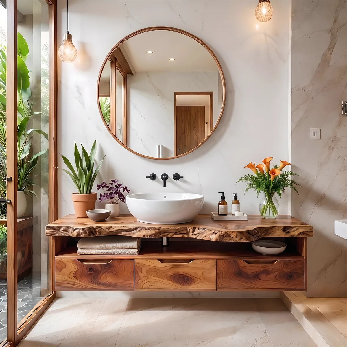 Organic Live Edge Floating Bathroom Vanity with Open Shelf & Drawers TH003-7JMQ3EG