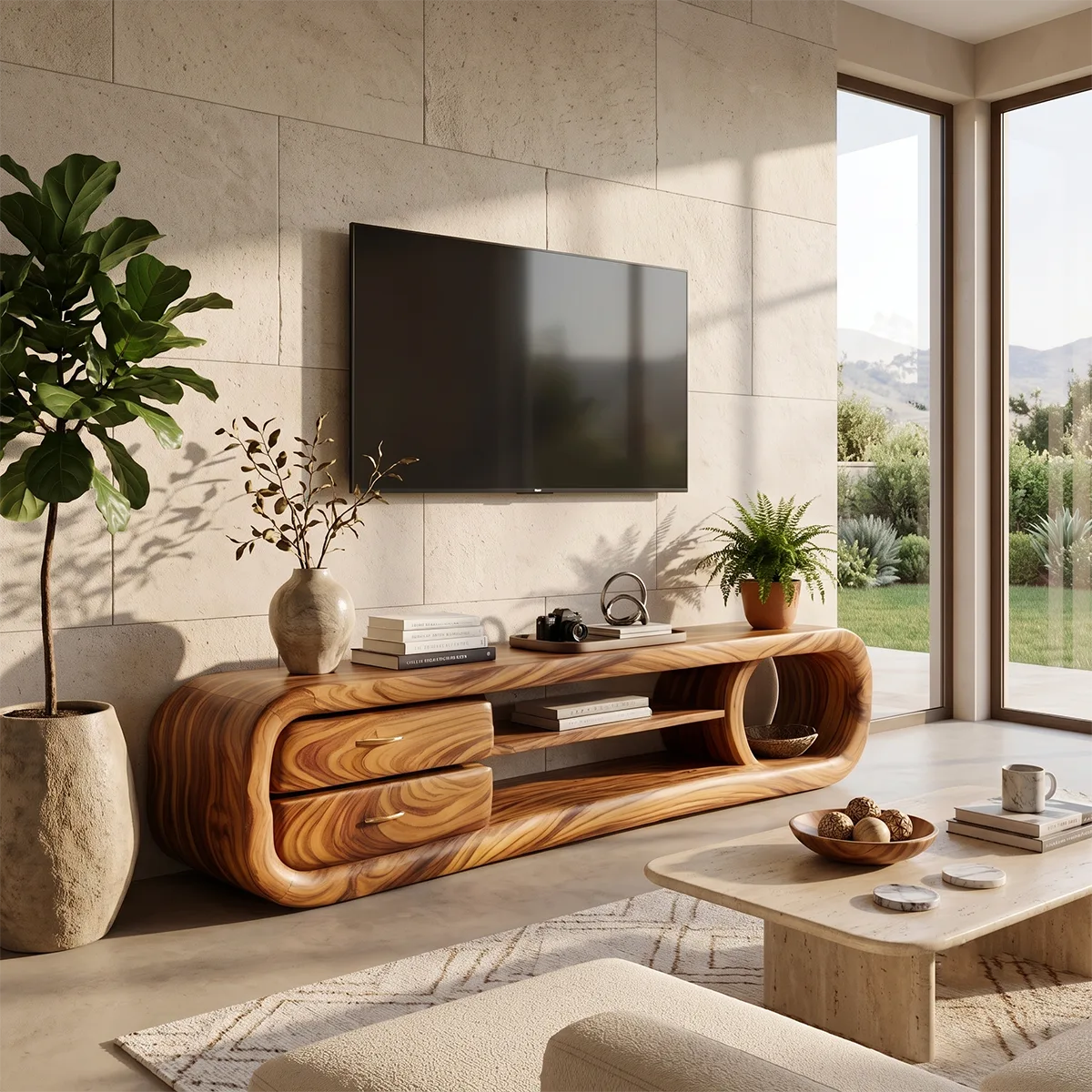Organic Modern TV Stand with Sculptural Frame & Storage Drawers | Designer Media Console TH003-6JMS7OZ