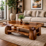Live Edge Solid Wood Coffee Table with Storage Shelf | Rustic Modern Living Room Table TT006-3814