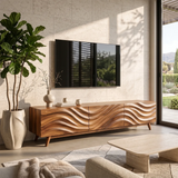 Modern Wave Front TV Stand with Dual Cabinets & Center Drawer | Contemporary Media Console TH003-9IBA7YN