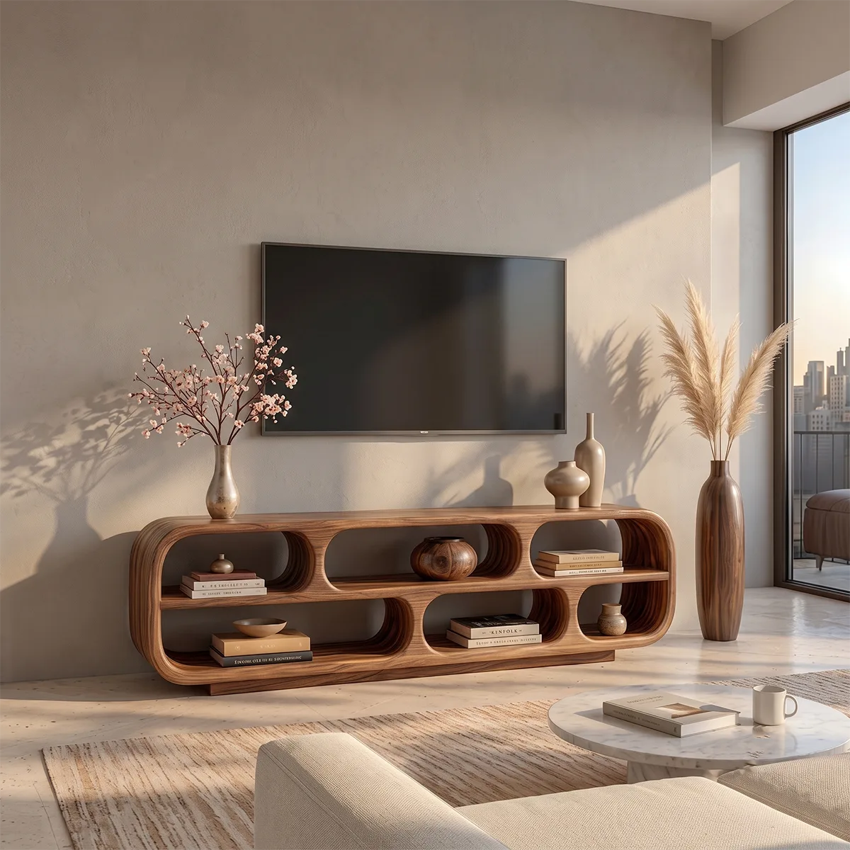 Sculptural Curved TV Stand with 6 Open Shelves | Modern Media Console